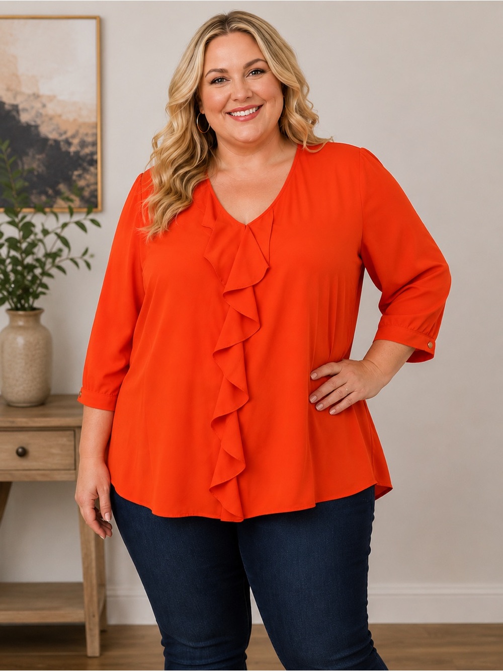 Lands’ End The Outfitters Orange Ruffle Front Blouse – Est. 5X